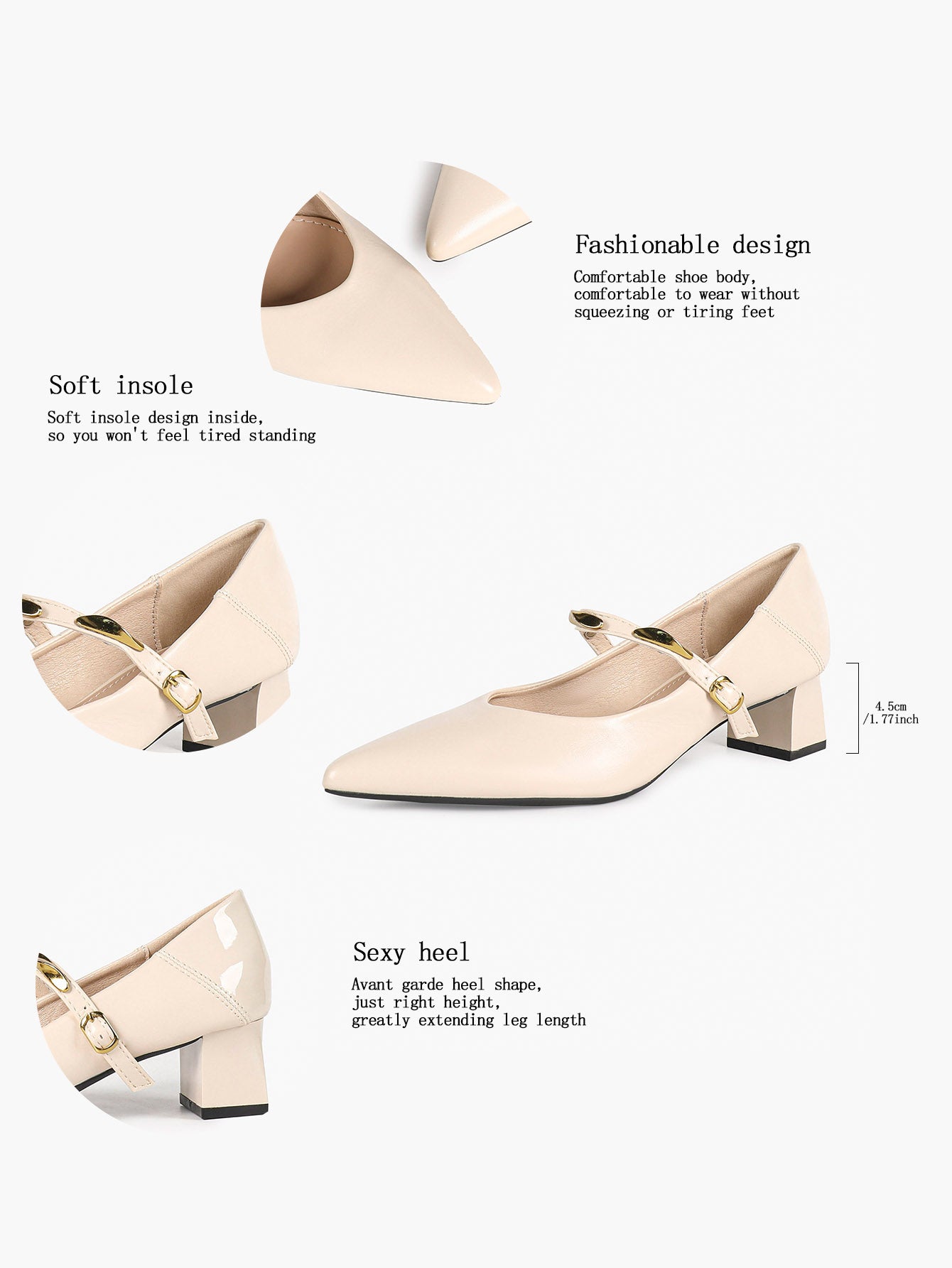 Cream Pointed-Toe Mary Jane Kitten Heels with Gold-Tone Metal Accents