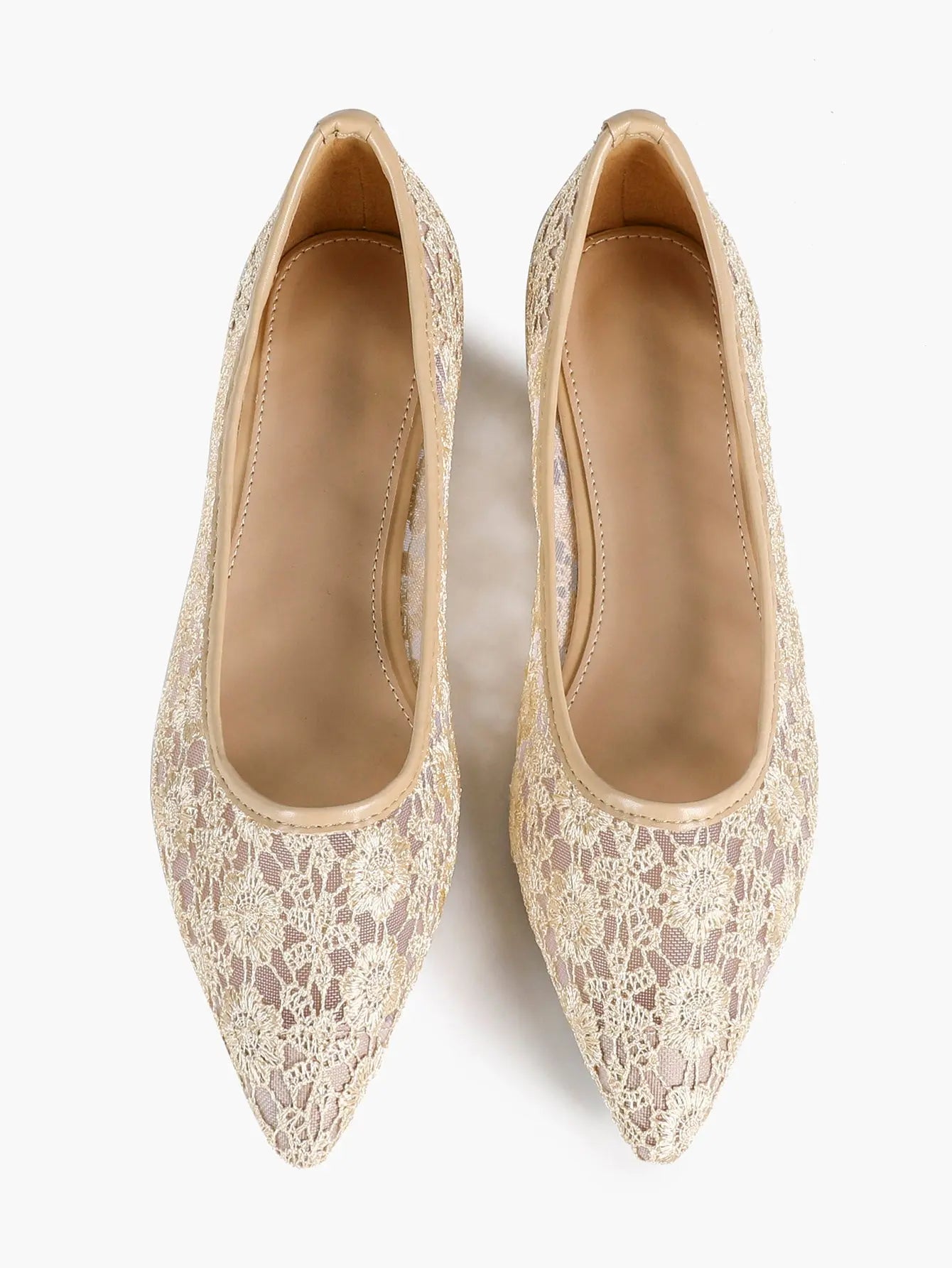 White Daisy Lace Sheer Mesh Pointed Toe Flats – Women's See-Through Bridal Ballet Flat with Caramel Footbed YISHIFAN