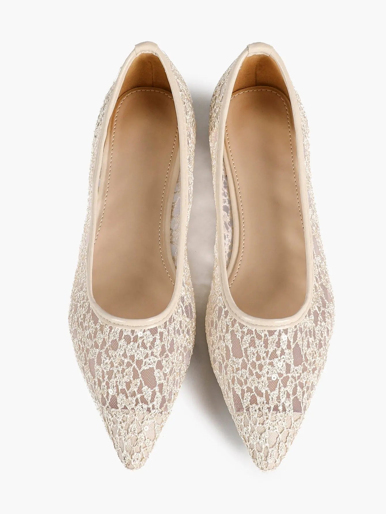 White Floral Lace Mesh Pointed Toe Flats – Women's Sheer Ballet Flat with 3D Bouquet Lace & Caramel Footbed YISHIFAN