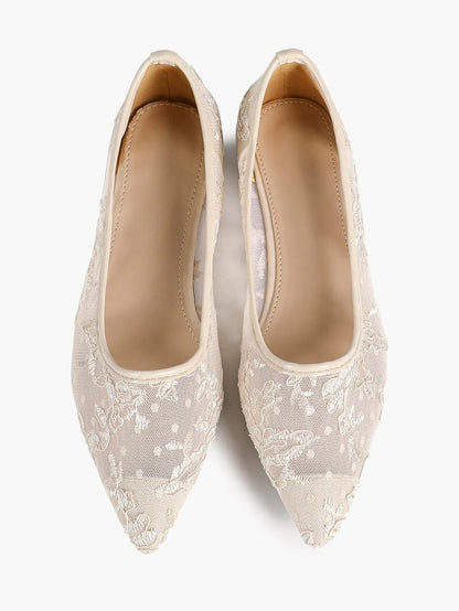 Black Lace Mesh Pointed Toe Flats Sheer Ballet Floral Embroidery YISHIFAN