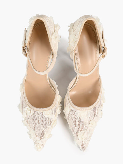 Chic White 3D Lace Stiletto Pumps - Pointed Toe Ankle Strap Heels with Floral Appliqué