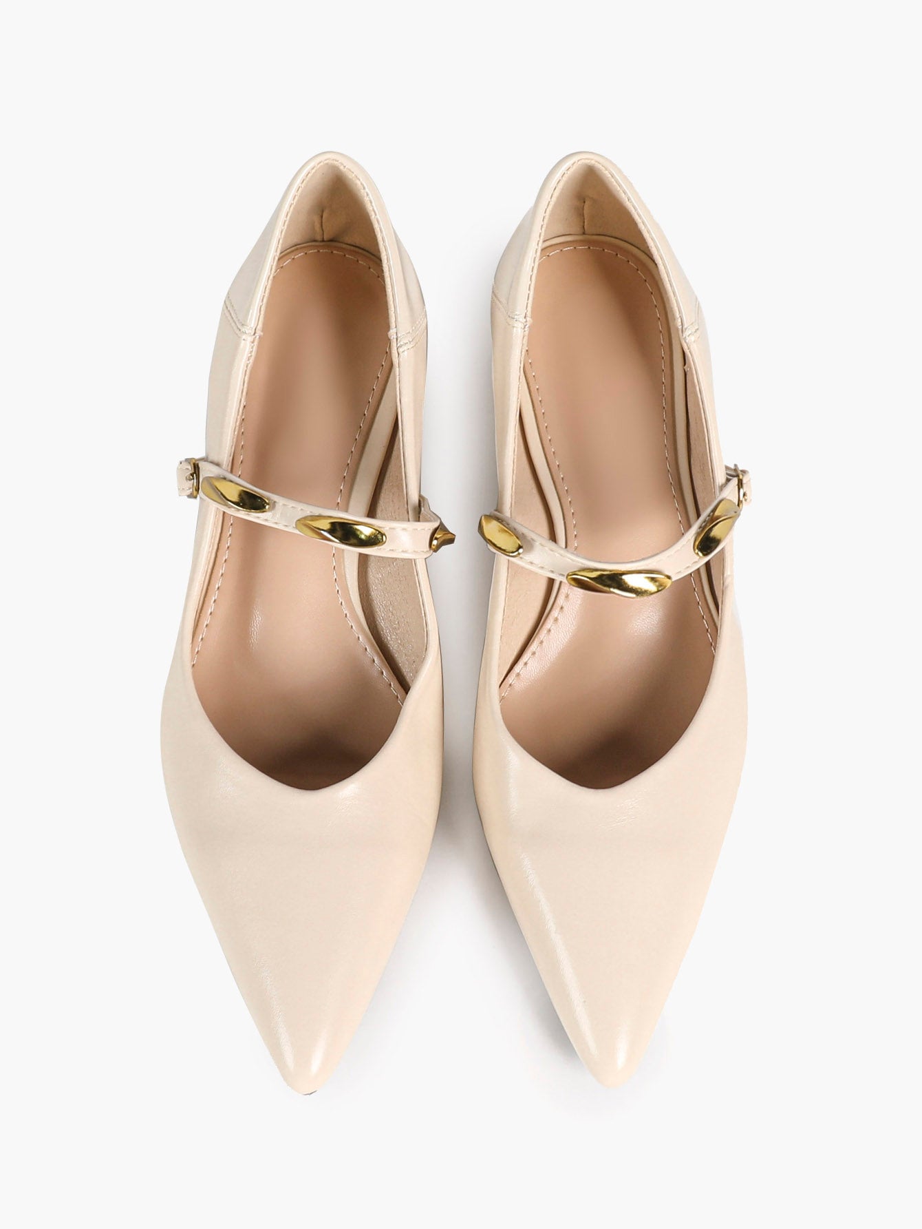 Cream Pointed-Toe Mary Jane Kitten Heels with Gold-Tone Metal Accents