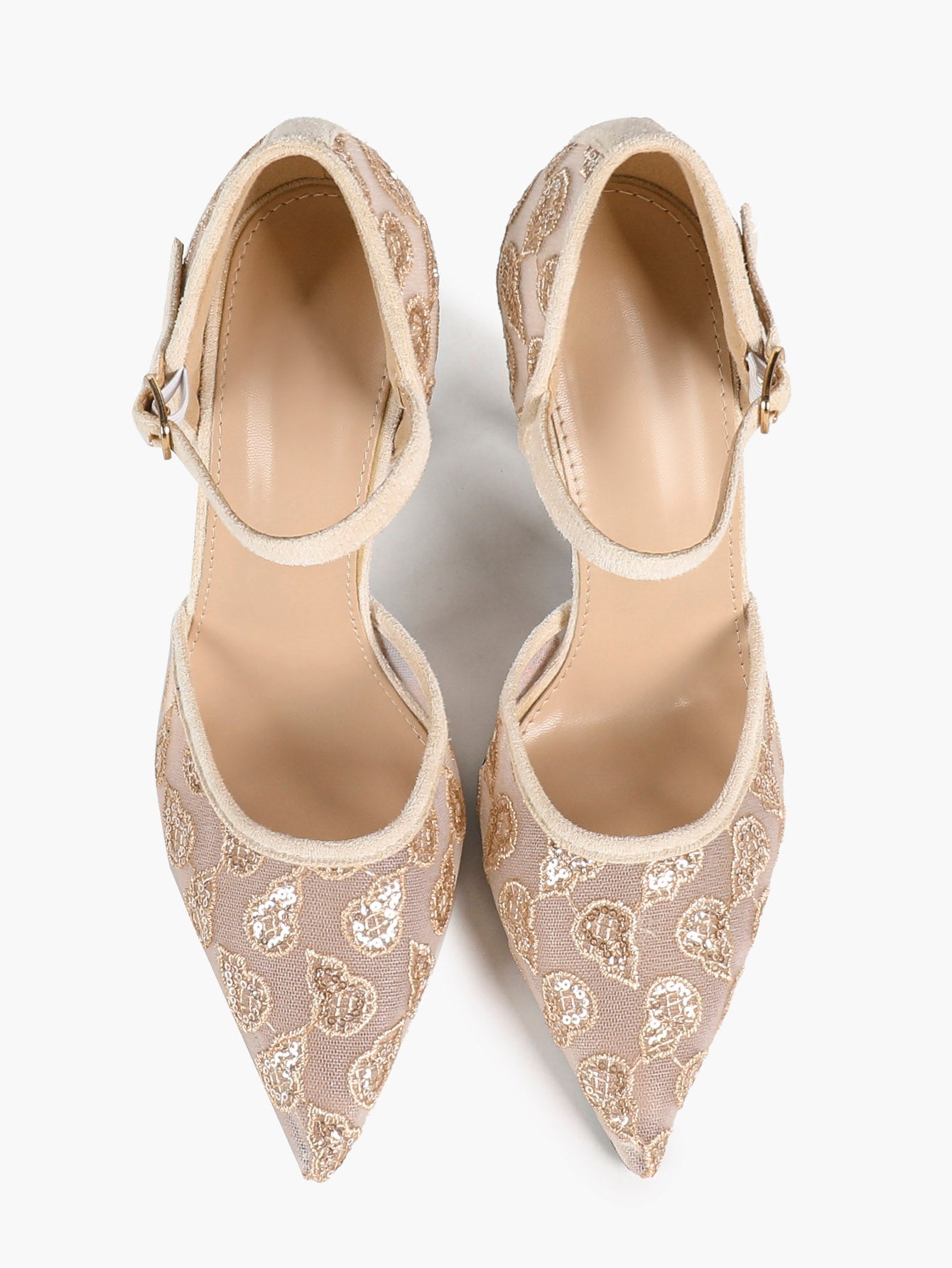 Sparkly Lace Pointed Toe Heels - 4.13" Ankle Strap Pumps with Non-Slip Sole