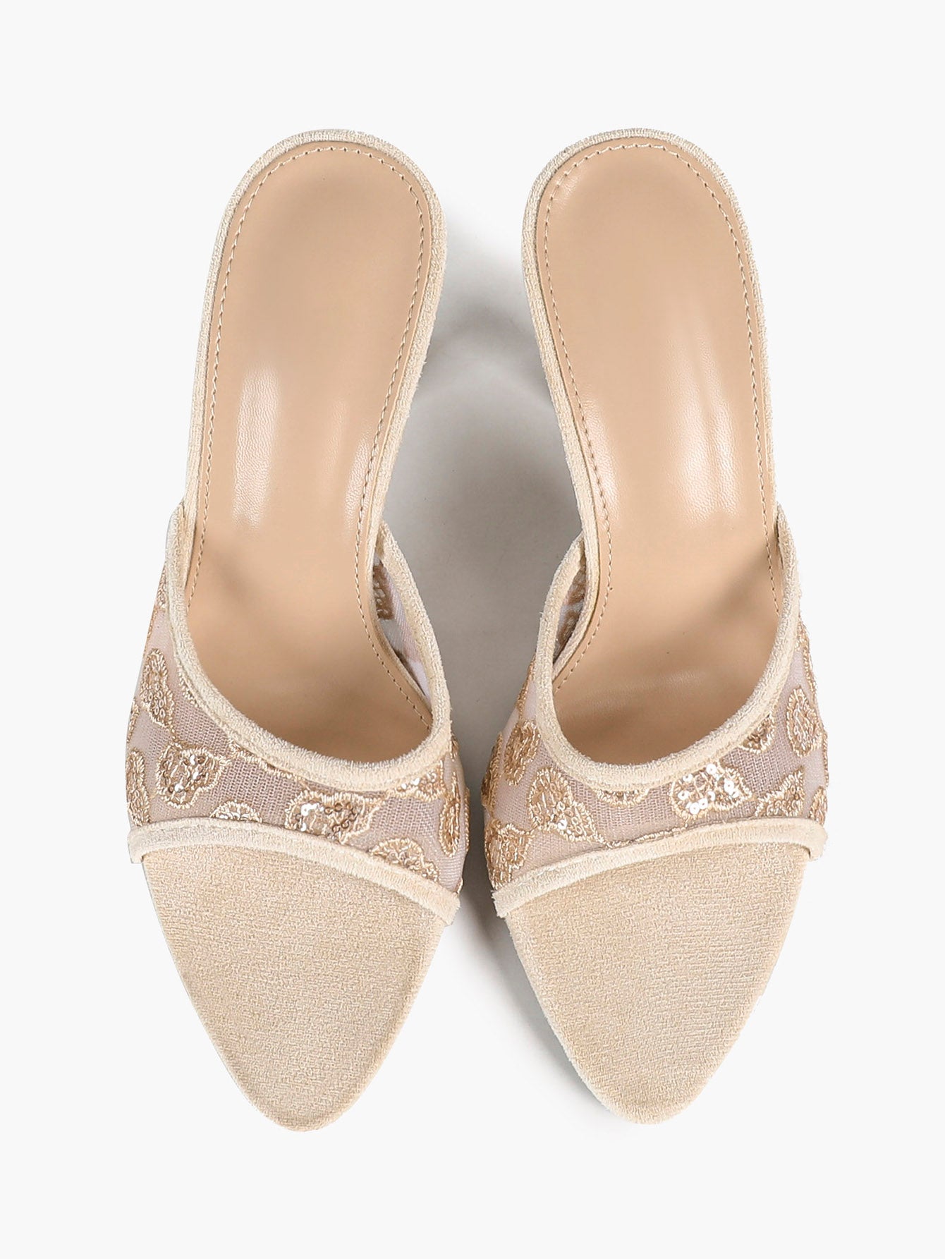 Beige Glitter Mesh Floral Embroidery Stiletto Mules Open Toe Slip-On Evening Party Club Shoes
