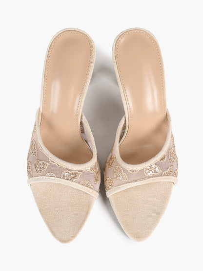 Beige Glitter Mesh Floral Embroidery Stiletto Mules Open Toe Slip-On Evening Party Club Shoes
