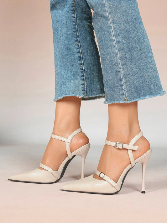 Women's Ivory Leather High-Heel Stiletto Pointed Toe Ankle Strap Sandals Sexy Wedding Party Evening Dress Shoes YISHIFAN