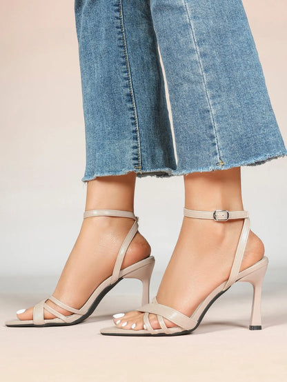 Brown Leather High-Heel Sandals  Cross Strap Stiletto Heels Wedding Party Dress Shoes YISHIFAN