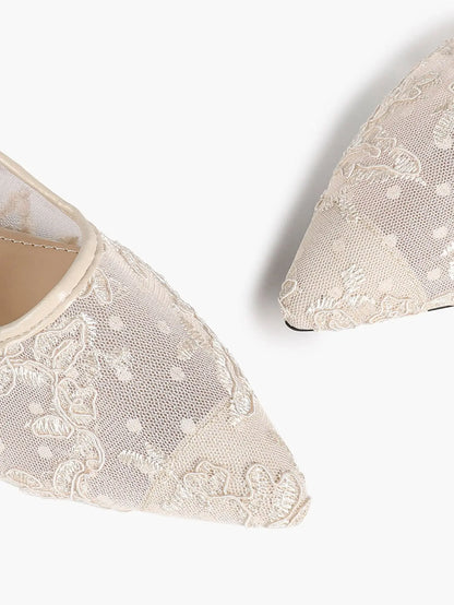 Black Lace Mesh Pointed Toe Flats Sheer Ballet Floral Embroidery YISHIFAN