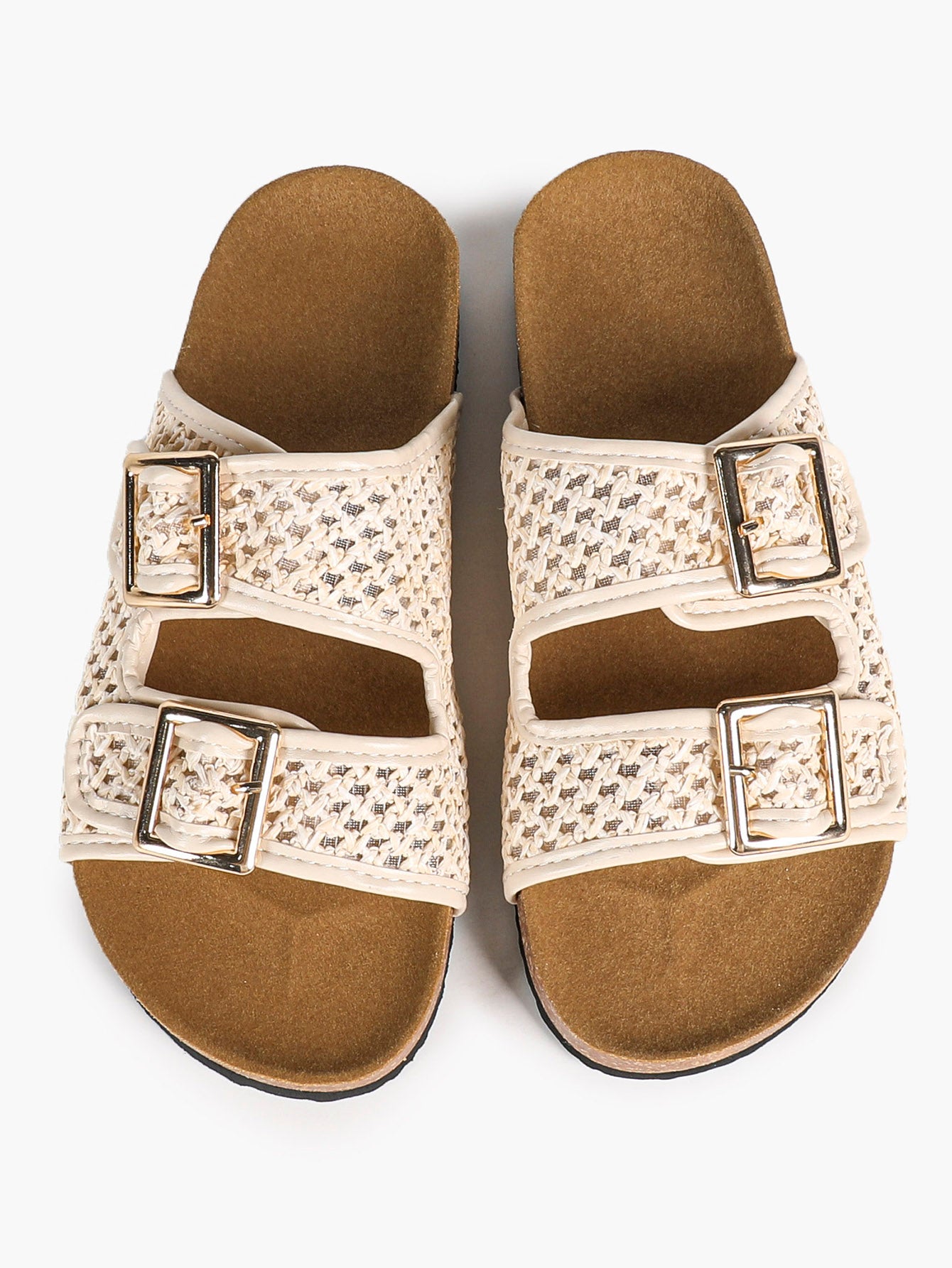 Cream Woven Double-Strap Slide Sandals with Cushioned Cork-Effect Sole