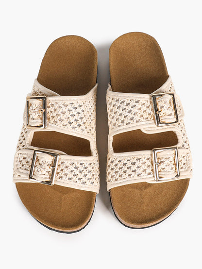 Cream Woven Double-Strap Slide Sandals with Cushioned Cork-Effect Sole