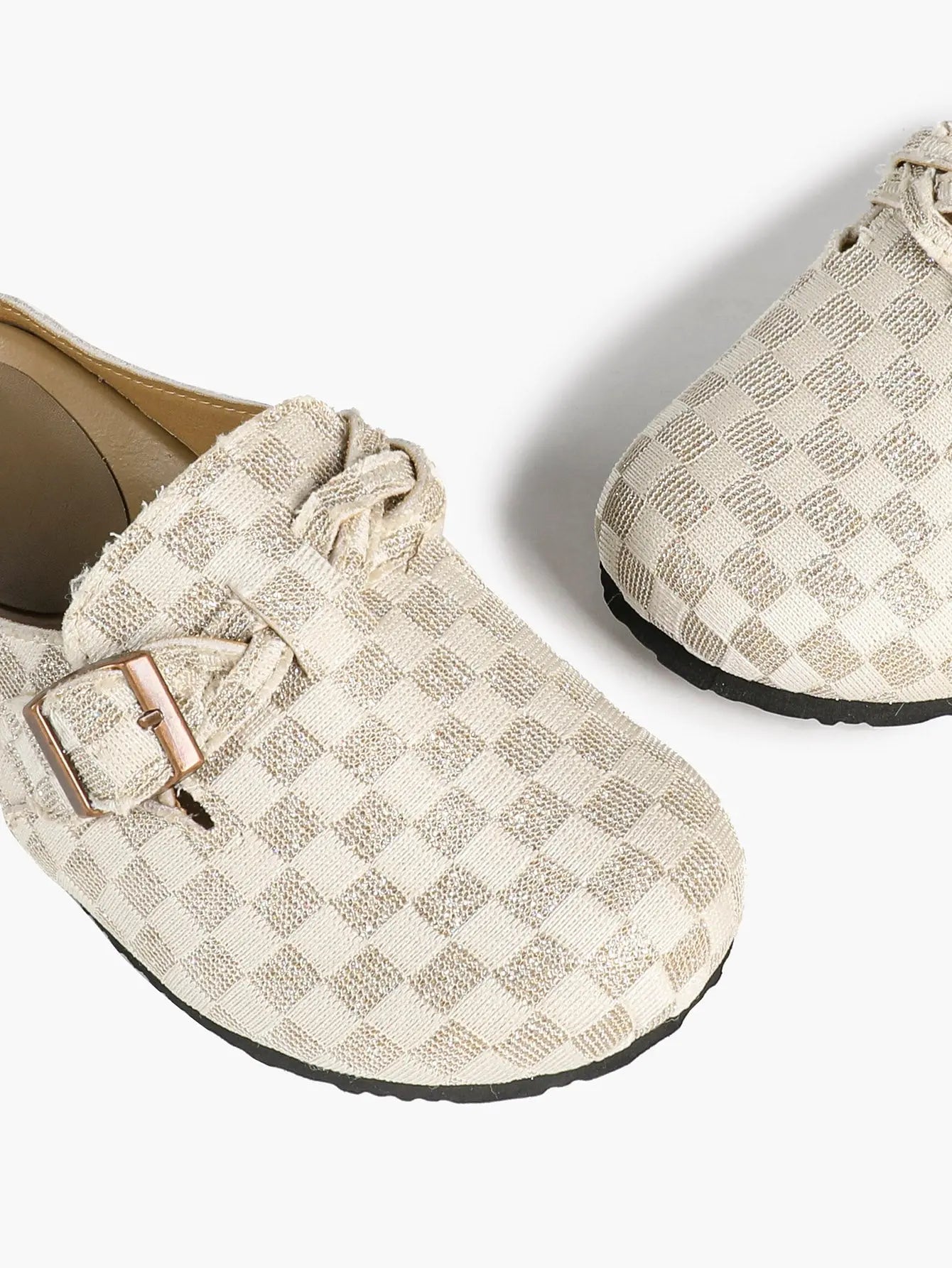 Ivory Checkerboard Jacquard Ruched Buckle Boston Clogs – Women's Platform Closed Toe Mule YISHIFAN