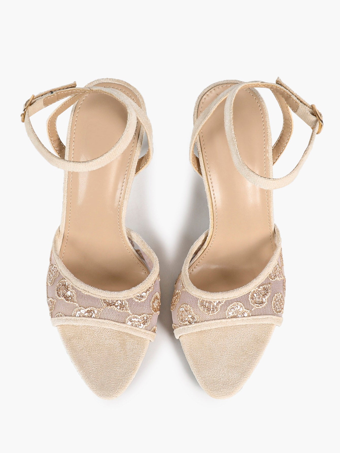Cream Suede Trim Floral Sequin Strap Heels Ankle Buckle Pointed Open Toe Stilettos Chic Date Night Shoes
