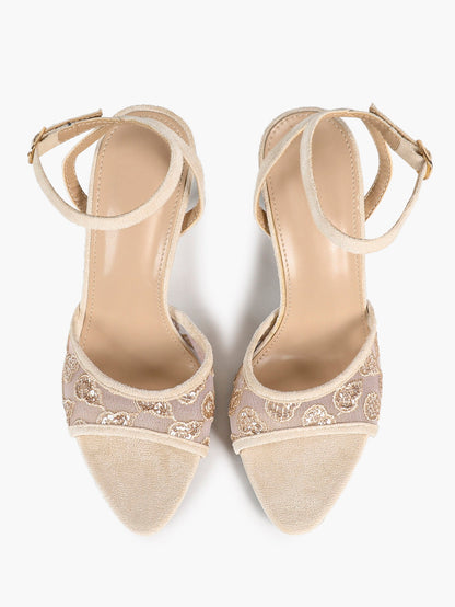 Cream Suede Trim Floral Sequin Strap Heels Ankle Buckle Pointed Open Toe Stilettos Chic Date Night Shoes