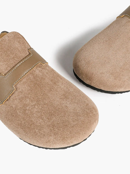 Ivory Suede H-Strap Boston Clogs – Women's Cork Platform Closed Toe Mule with Contrast PU Band YISHIFAN