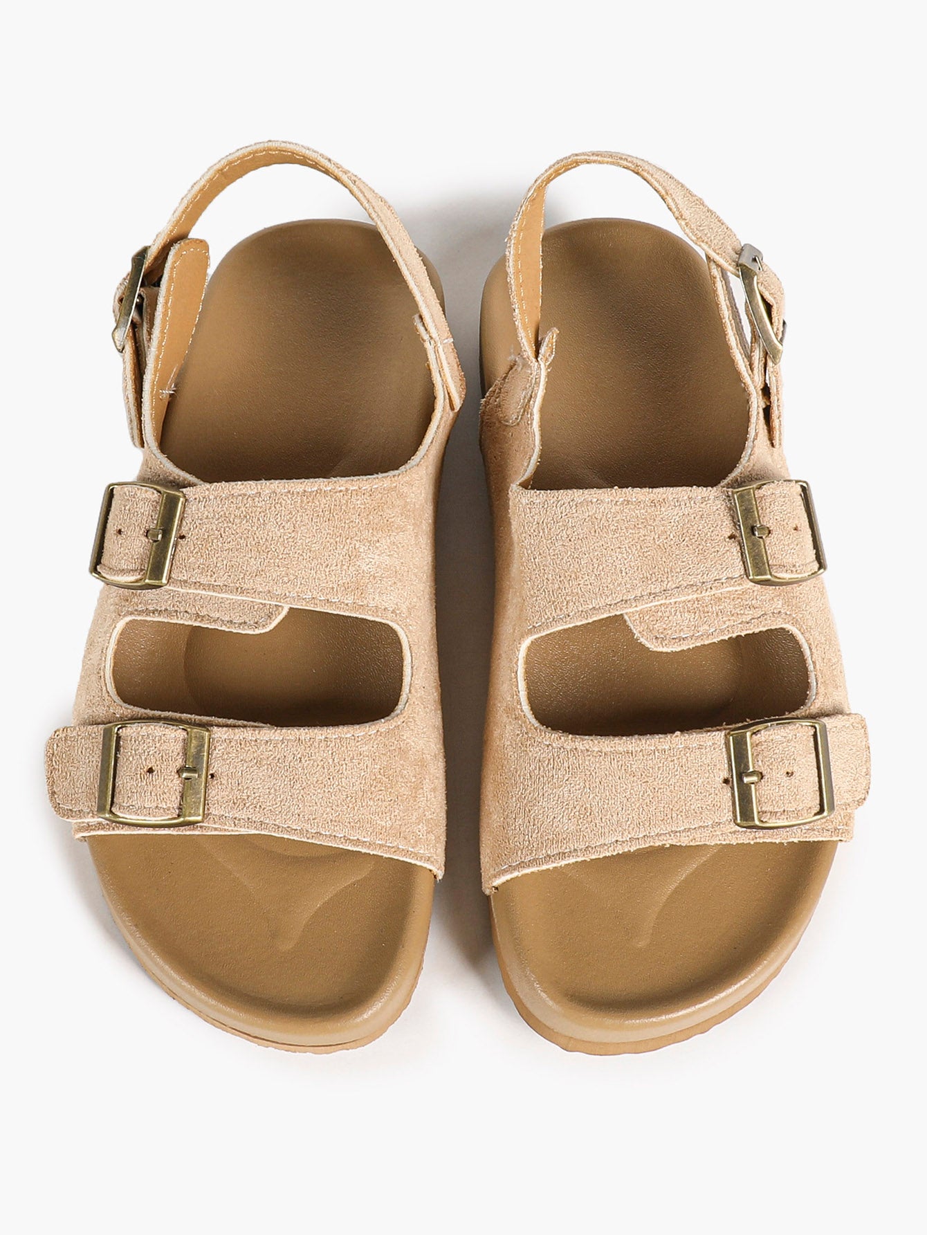 Beige Suede-Effect Triple-Buckle Slingback Sandals with Cushioned Sole