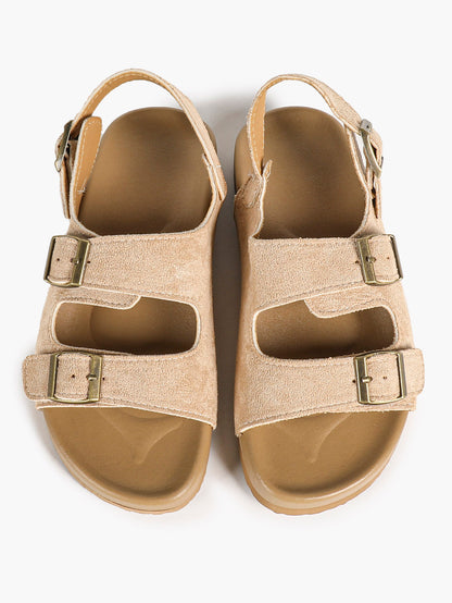 Beige Suede-Effect Triple-Buckle Slingback Sandals with Cushioned Sole