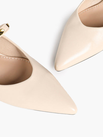 Cream Pointed-Toe Mary Jane Kitten Heels with Gold-Tone Metal Accents