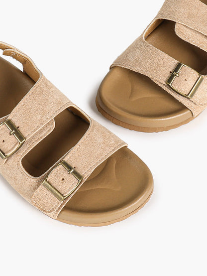 Beige Suede-Effect Triple-Buckle Slingback Sandals with Cushioned Sole