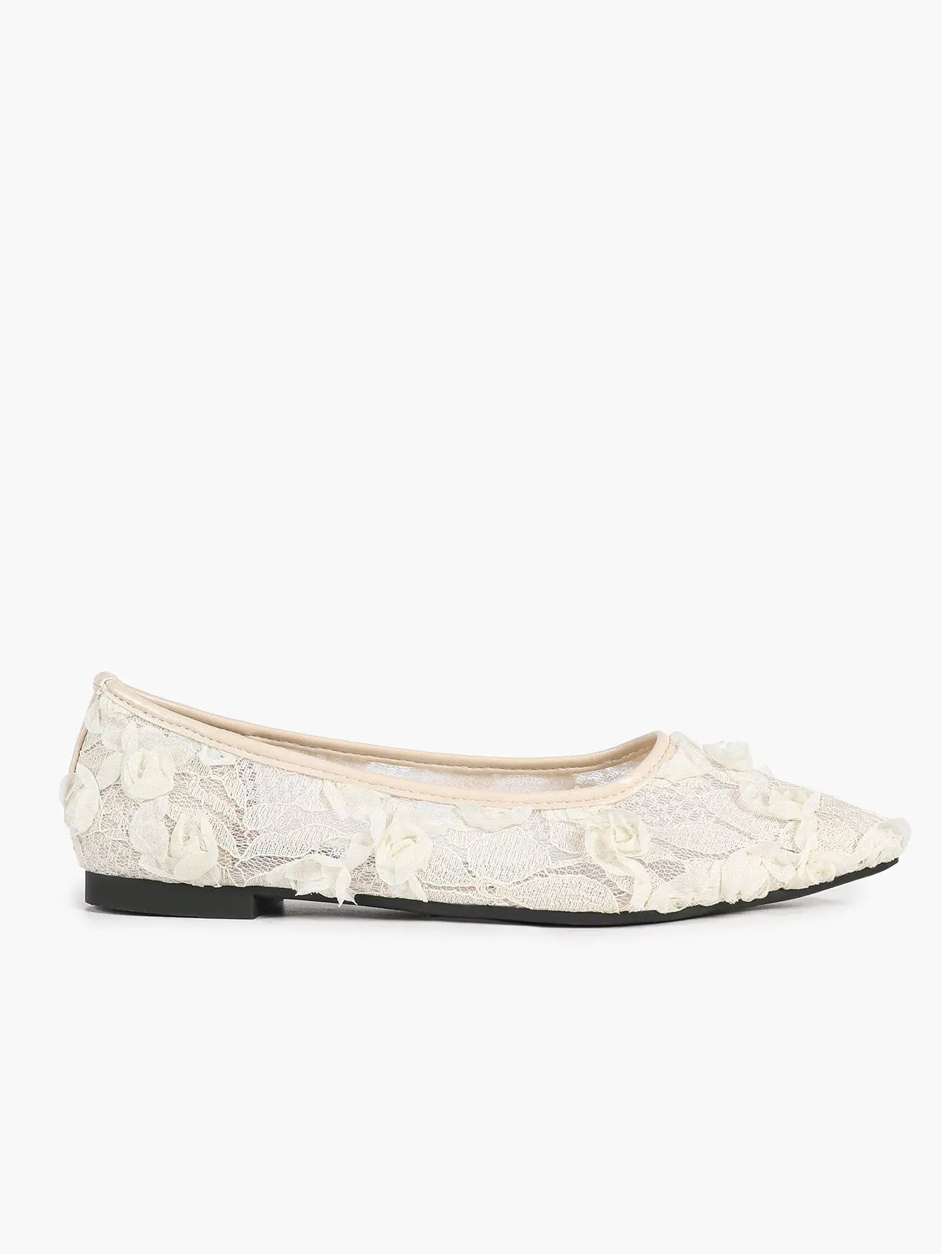 Pink 3D Rose Appliqué Lace Mesh Pointed Toe Flats – Women's Handcrafted Floral Ballet Flat YISHIFAN