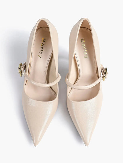 Women's Leather Stiletto Heels 4.13 Inch Pointed Toe Strap Pumps Shoes with Buckle for Casual Office YISHIFAN