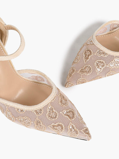 Sparkly Lace Pointed Toe Heels - 4.13" Ankle Strap Pumps with Non-Slip Sole