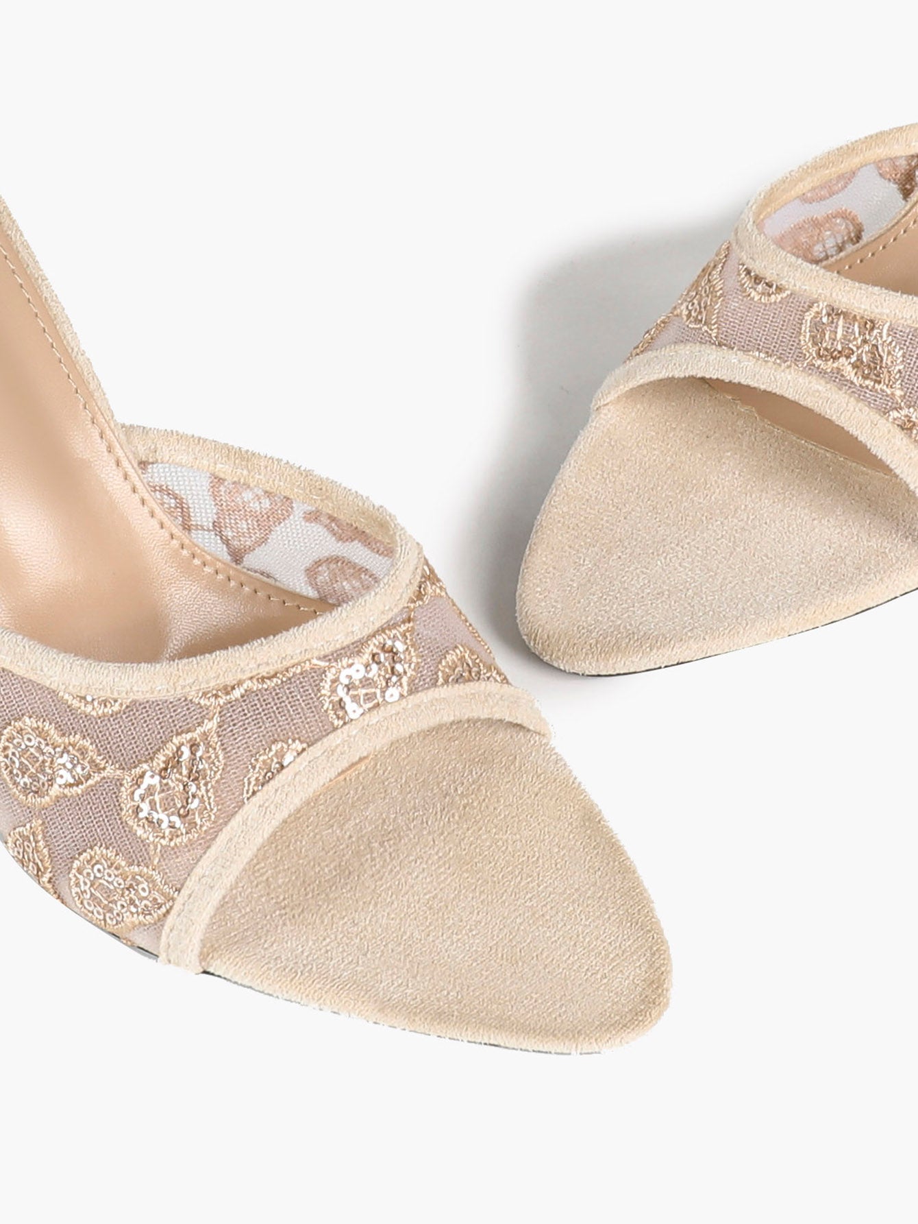 Beige Glitter Mesh Floral Embroidery Stiletto Mules Open Toe Slip-On Evening Party Club Shoes