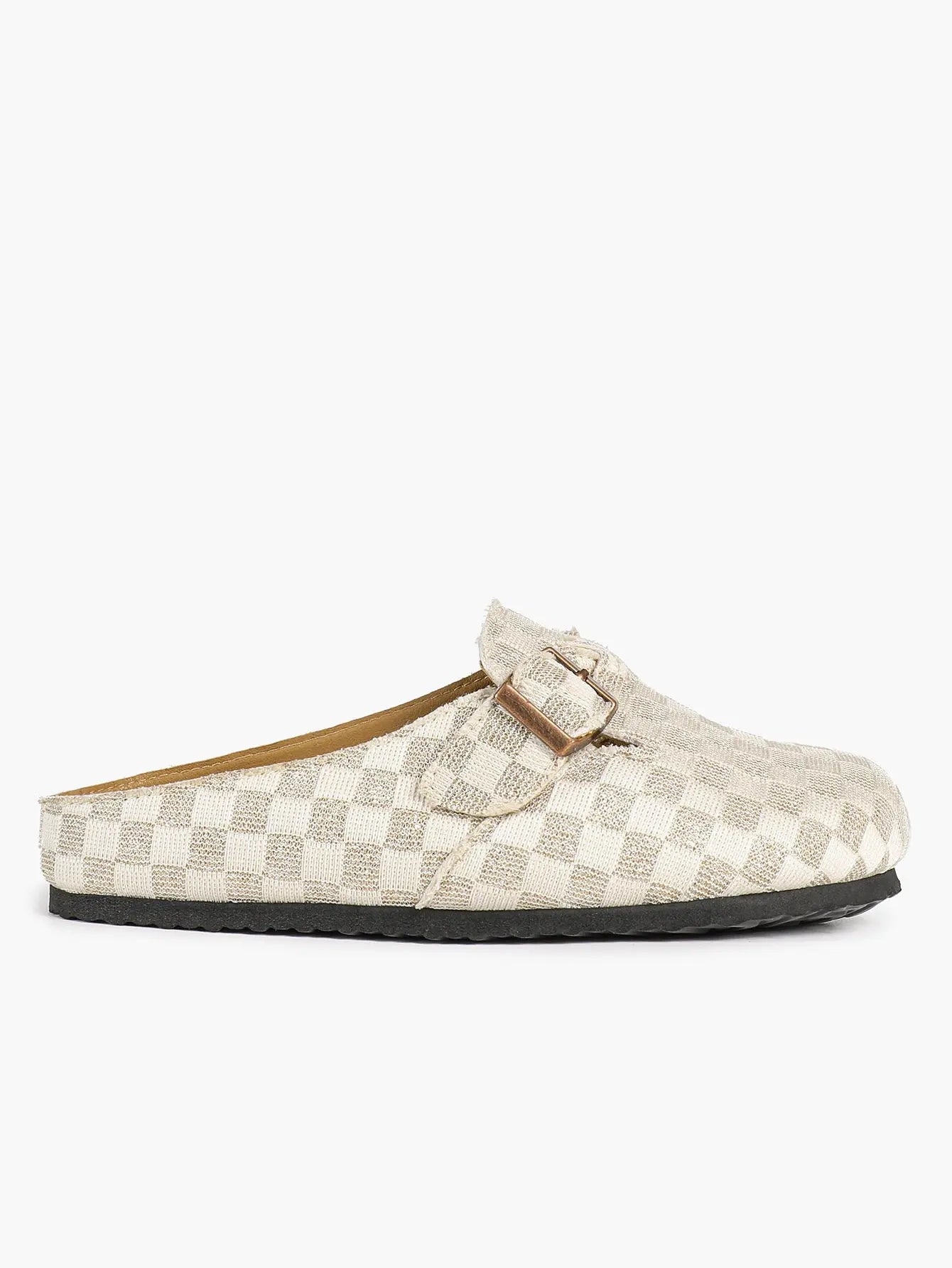 Ivory Checkerboard Jacquard Ruched Buckle Boston Clogs – Women's Platform Closed Toe Mule YISHIFAN