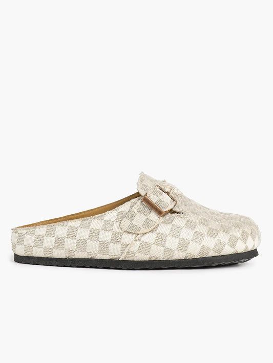 Ivory Checkerboard Jacquard Ruched Buckle Boston Clogs – Women's Platform Closed Toe Mule YISHIFAN