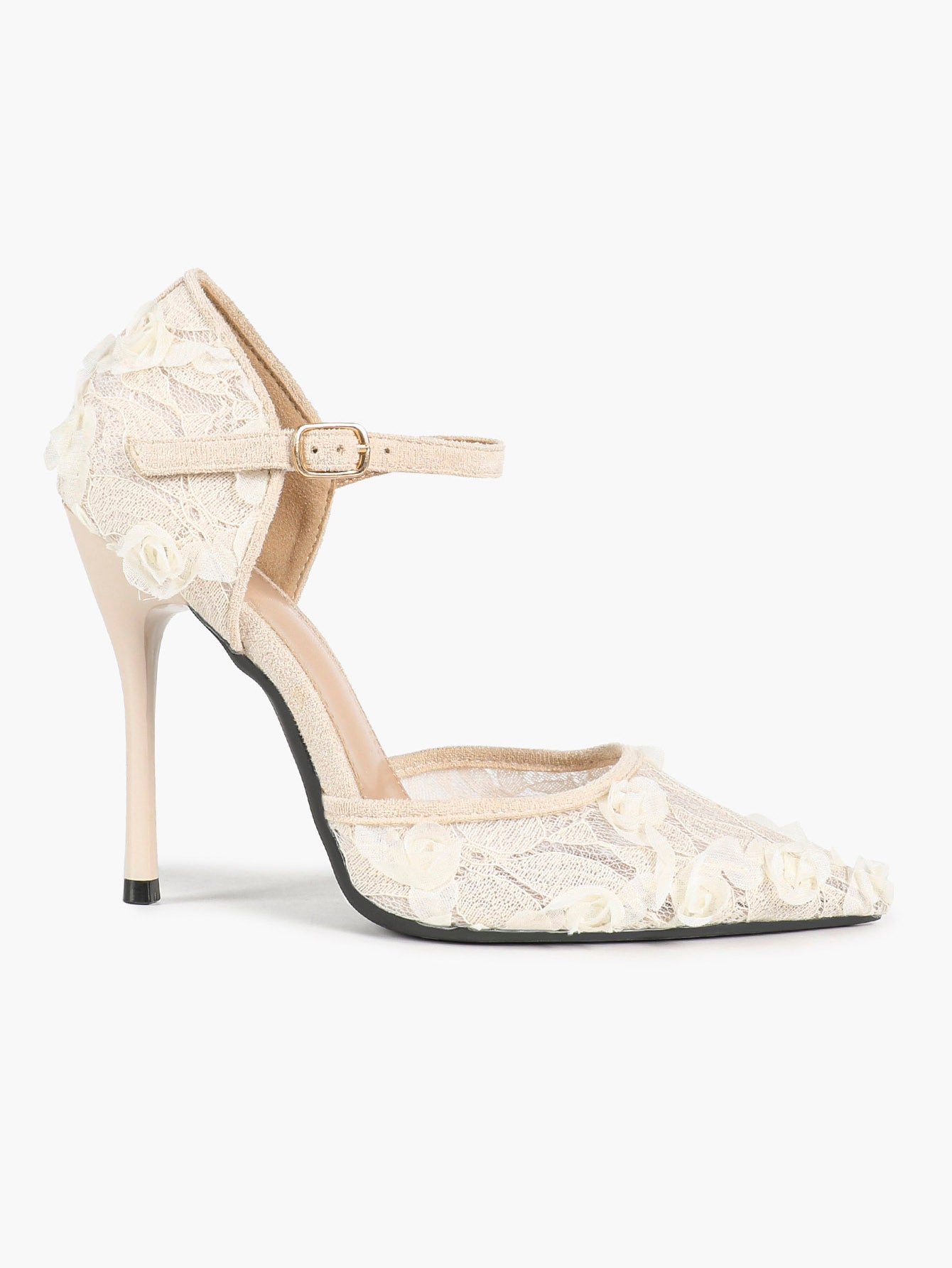 Chic White 3D Lace Stiletto Pumps - Pointed Toe Ankle Strap Heels with Floral Appliqué