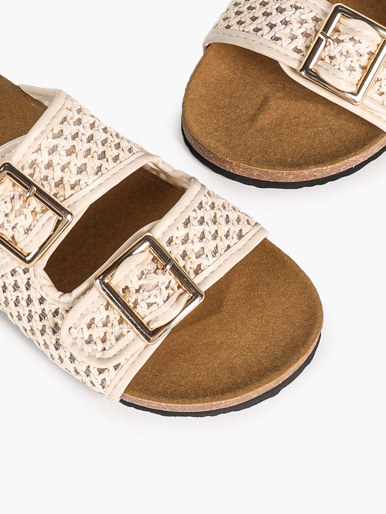 Cream Woven Double-Strap Slide Sandals with Cushioned Cork-Effect Sole