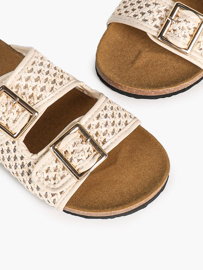 Cream Woven Double-Strap Slide Sandals with Cushioned Cork-Effect Sole