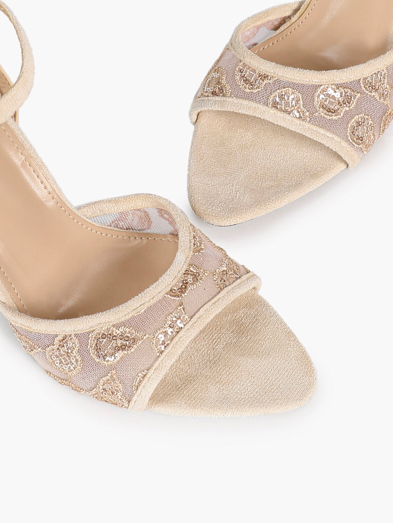Cream Suede Trim Floral Sequin Strap Heels Ankle Buckle Pointed Open Toe Stilettos Chic Date Night Shoes