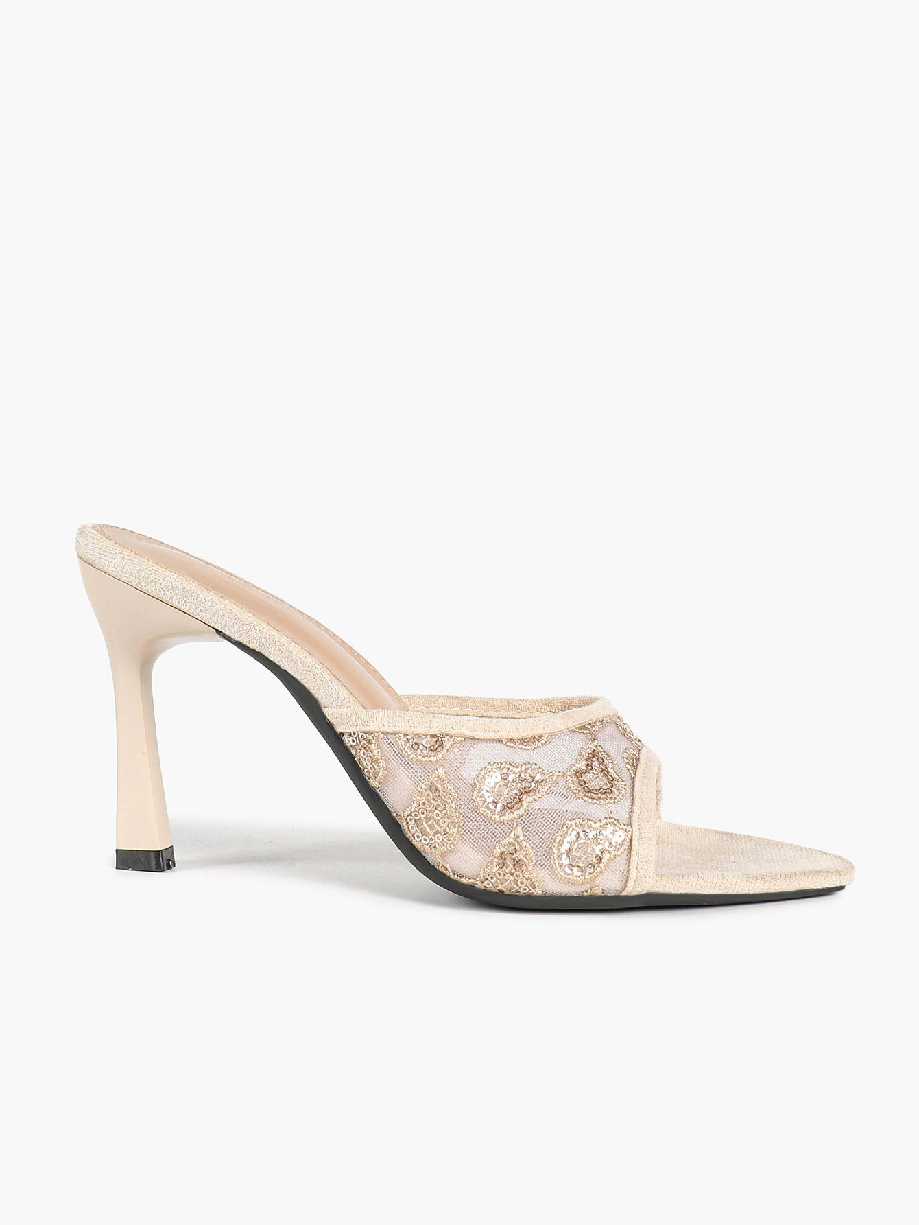 Beige Glitter Mesh Floral Embroidery Stiletto Mules Open Toe Slip-On Evening Party Club Shoes