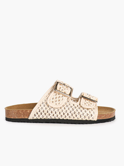 Cream Woven Double-Strap Slide Sandals with Cushioned Cork-Effect Sole