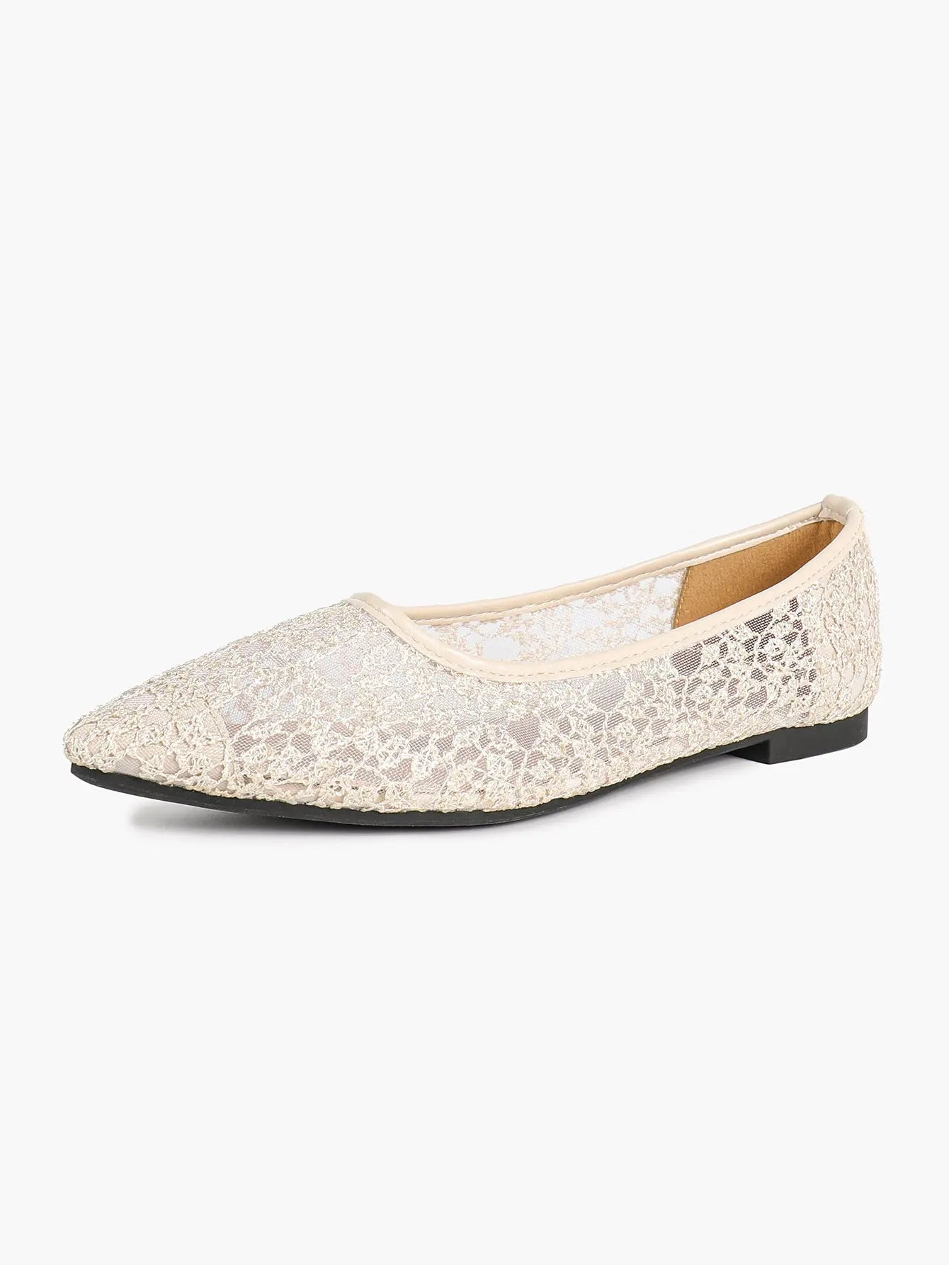 White Floral Lace Mesh Pointed Toe Flats – Women's Sheer Ballet Flat with 3D Bouquet Lace & Caramel Footbed YISHIFAN