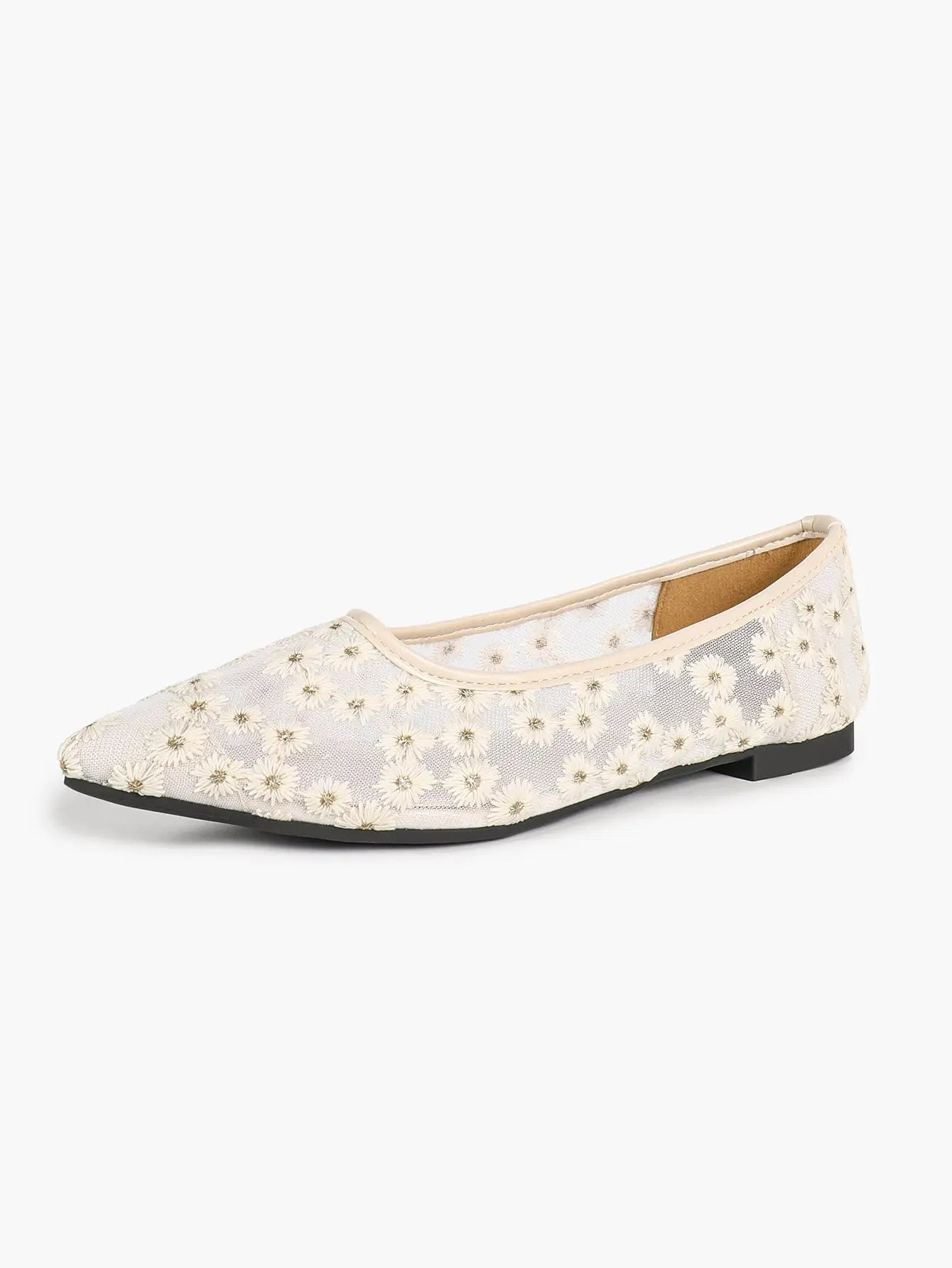 Black Floral Lace & Gold Star Embroidery Mesh Pointed Toe Flats – Women's Night-Sky Ballet Flat YISHIFAN