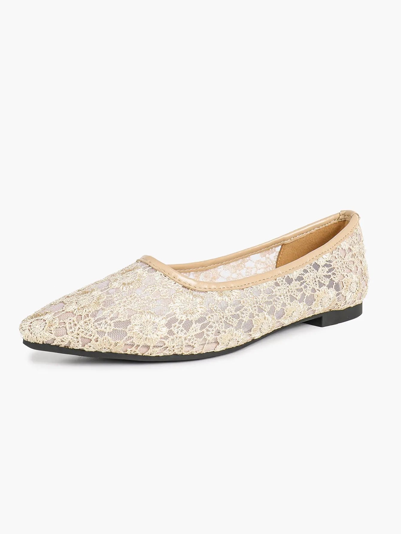 White Daisy Lace Sheer Mesh Pointed Toe Flats – Women's See-Through Bridal Ballet Flat with Caramel Footbed YISHIFAN