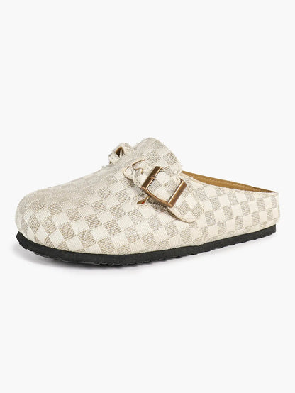 Ivory Checkerboard Jacquard Ruched Buckle Boston Clogs – Women's Platform Closed Toe Mule YISHIFAN