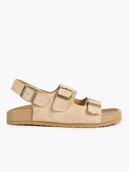 Beige Suede-Effect Triple-Buckle Slingback Sandals with Cushioned Sole