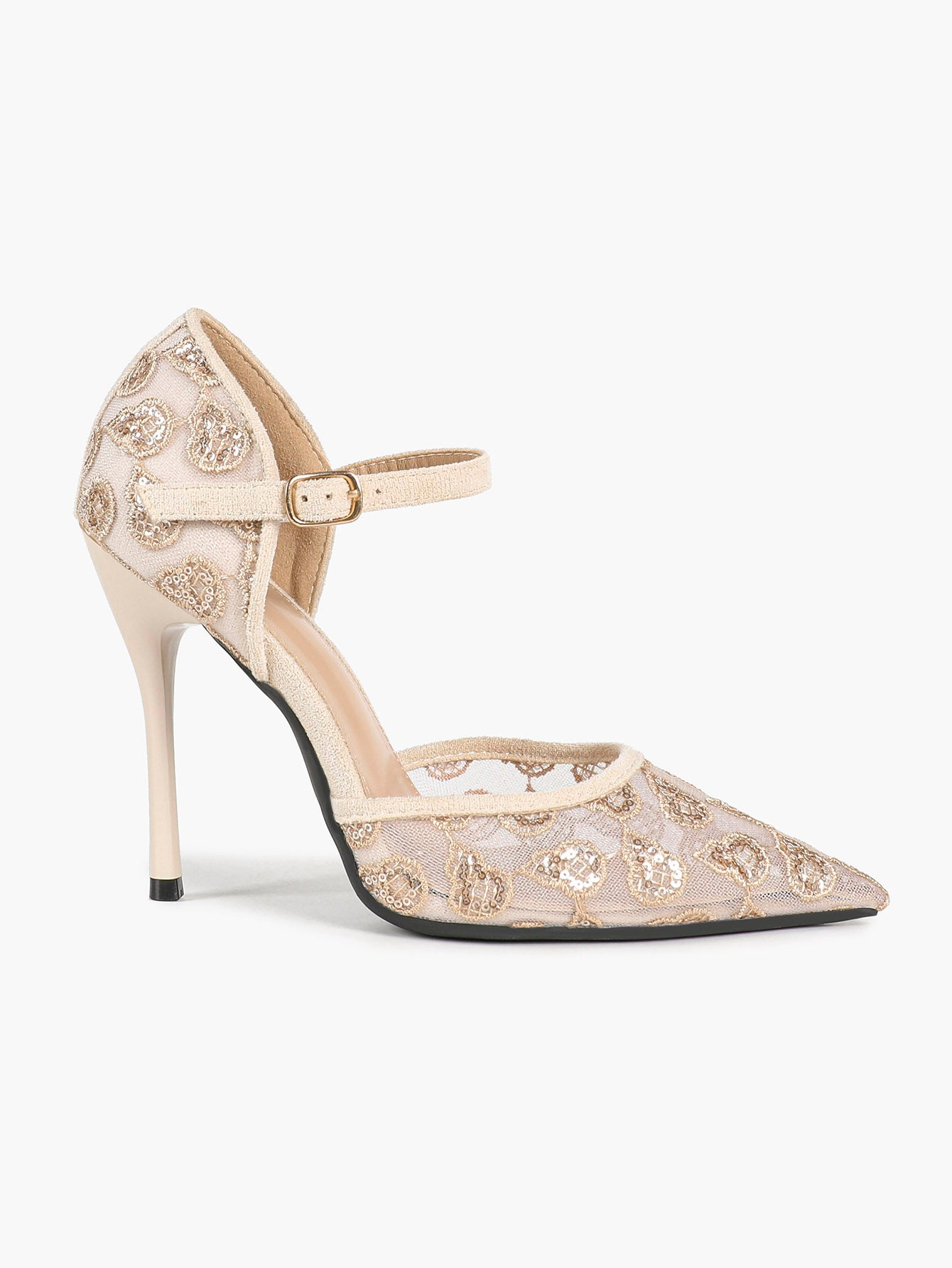 Sparkly Lace Pointed Toe Heels - 4.13" Ankle Strap Pumps with Non-Slip Sole