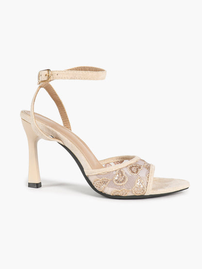 Cream Suede Trim Floral Sequin Strap Heels Ankle Buckle Pointed Open Toe Stilettos Chic Date Night Shoes