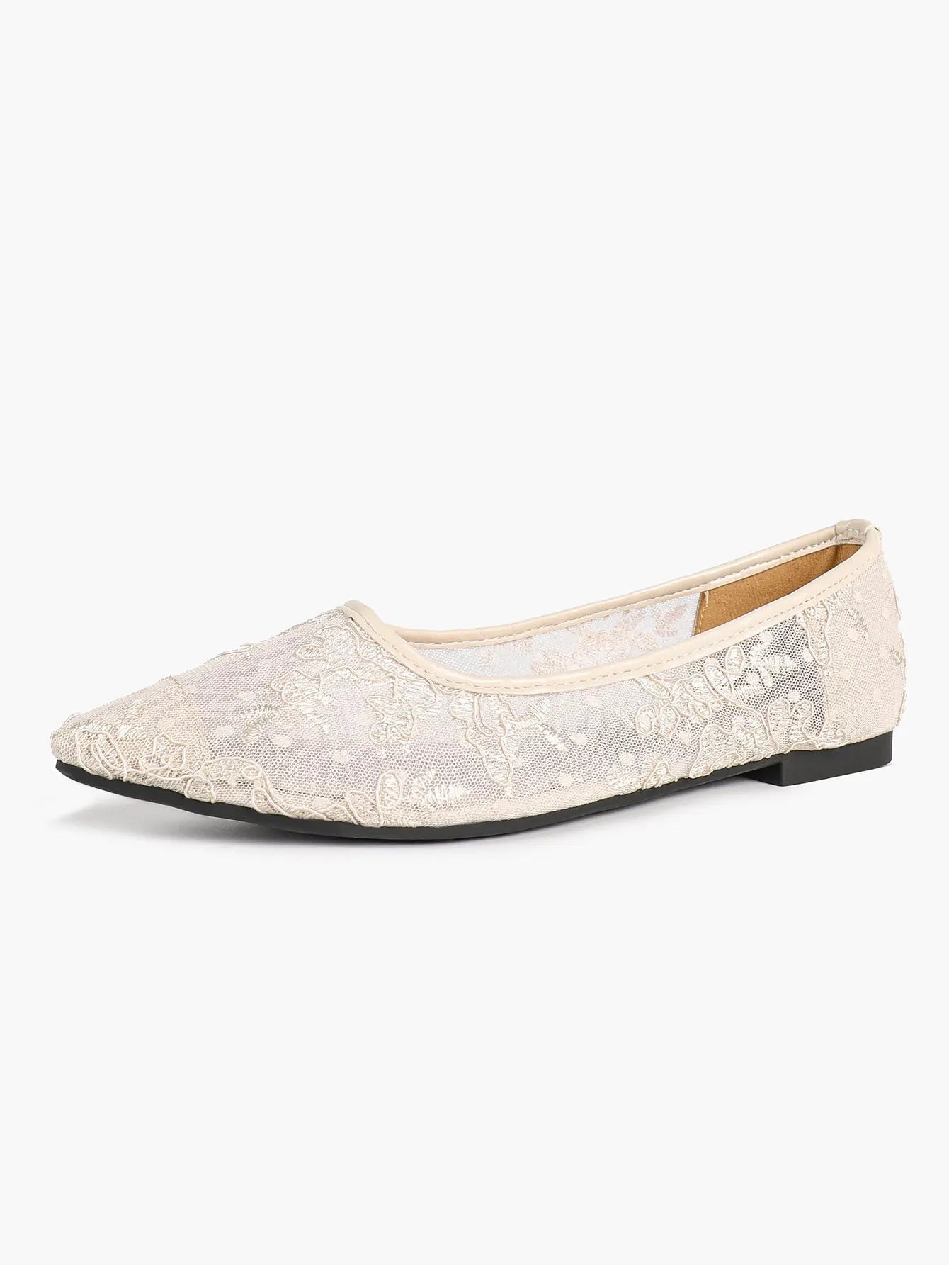 Black Lace Mesh Pointed Toe Flats Sheer Ballet Floral Embroidery YISHIFAN