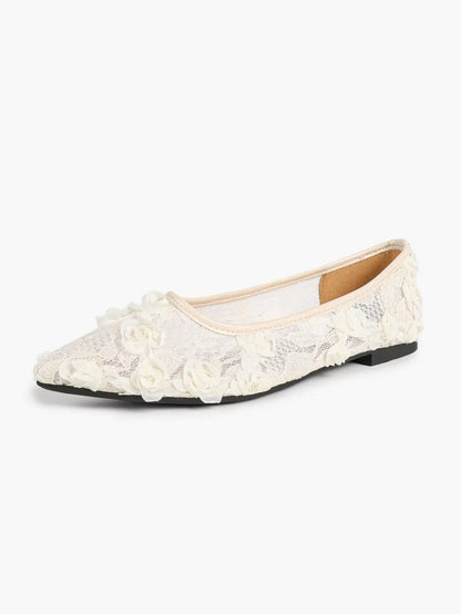Pink 3D Rose Appliqué Lace Mesh Pointed Toe Flats – Women's Handcrafted Floral Ballet Flat YISHIFAN