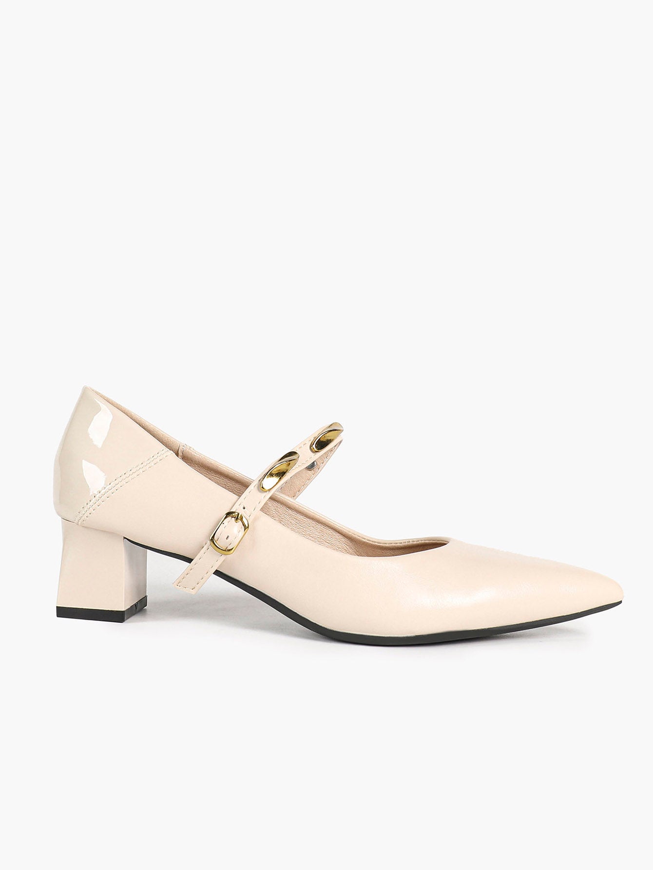 Cream Pointed-Toe Mary Jane Kitten Heels with Gold-Tone Metal Accents