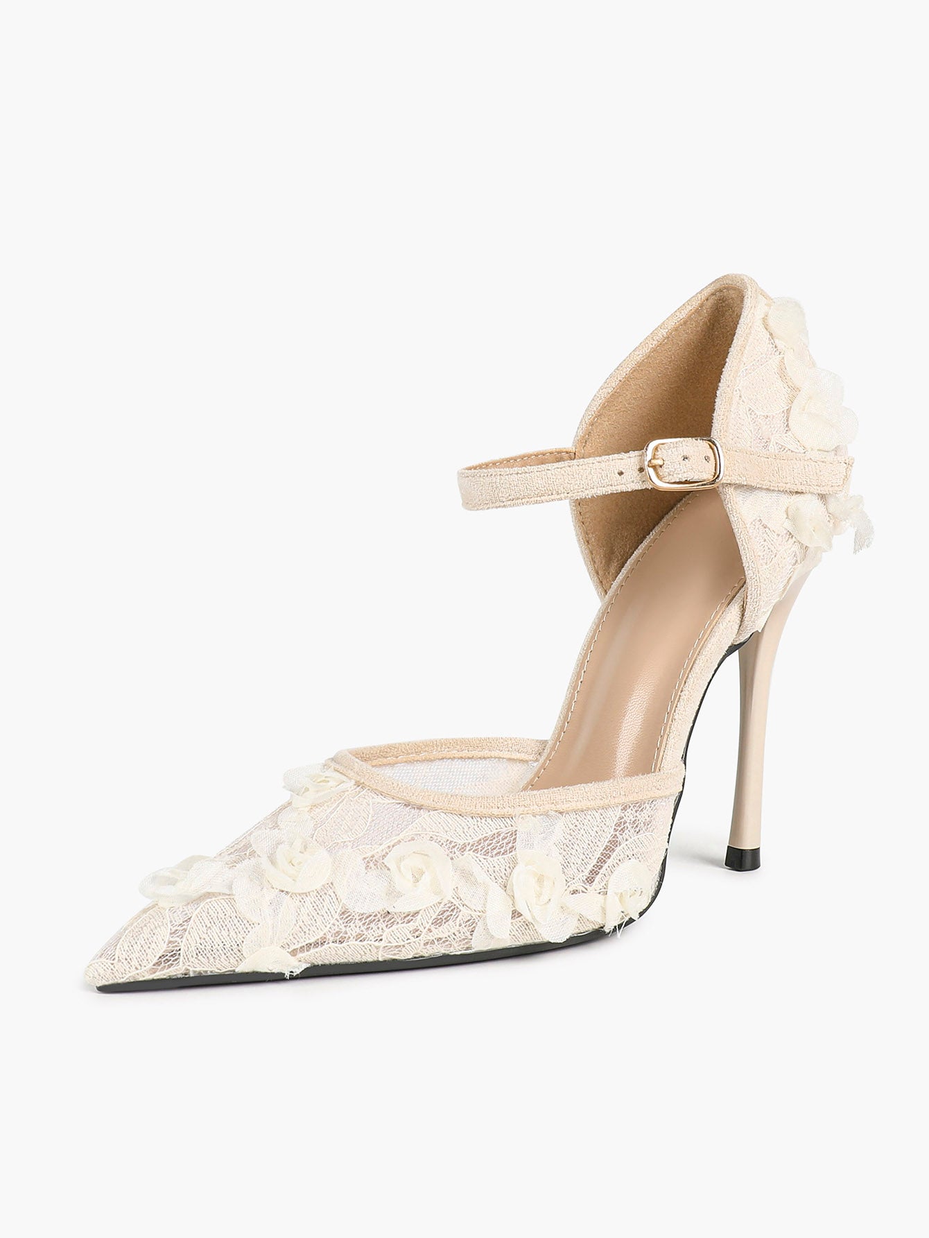 Chic White 3D Lace Stiletto Pumps - Pointed Toe Ankle Strap Heels with Floral Appliqué