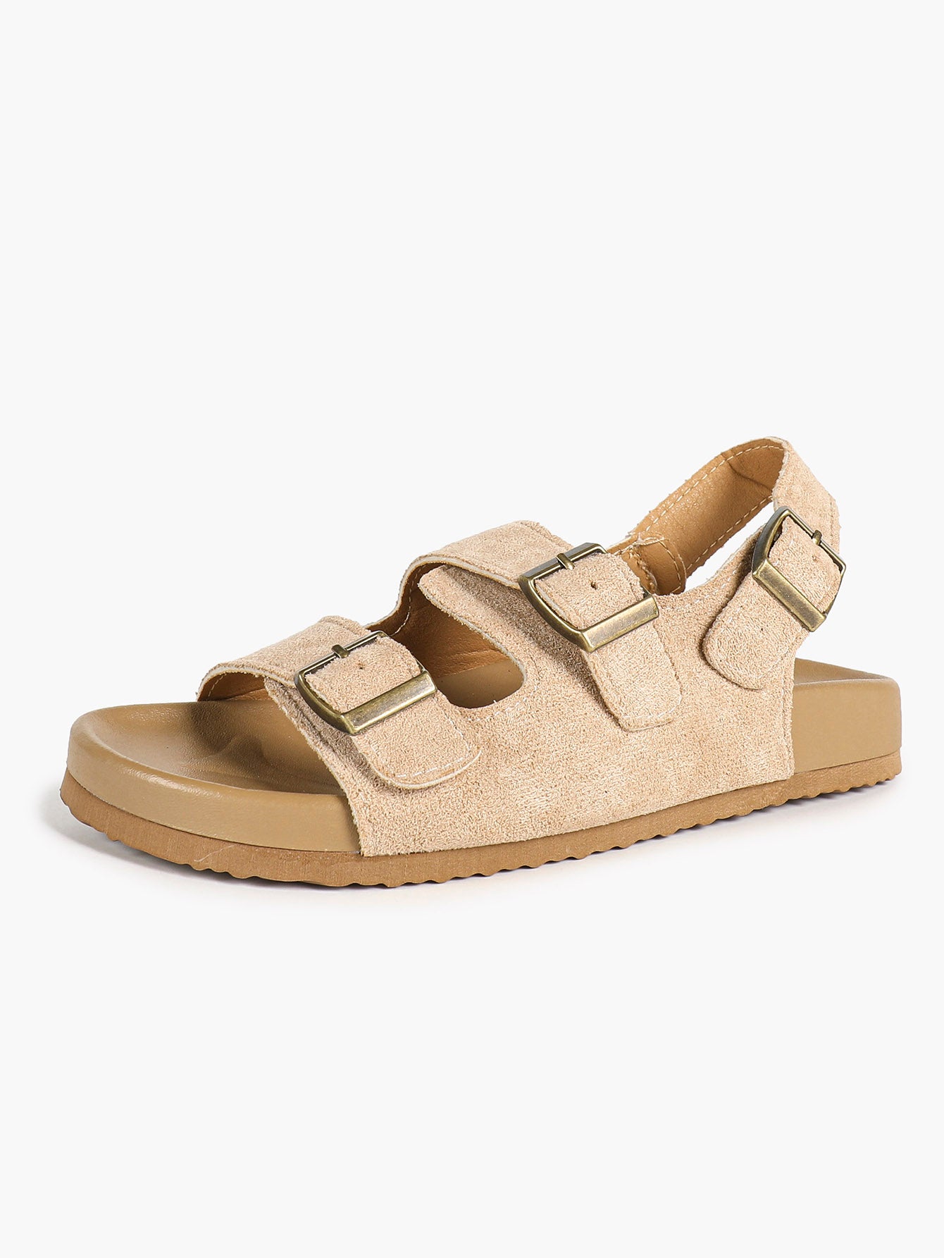 Beige Suede-Effect Triple-Buckle Slingback Sandals with Cushioned Sole