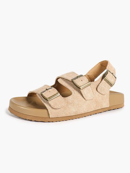 Beige Suede-Effect Triple-Buckle Slingback Sandals with Cushioned Sole