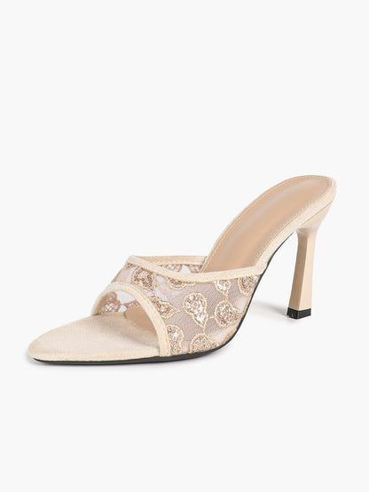 Beige Glitter Mesh Floral Embroidery Stiletto Mules Open Toe Slip-On Evening Party Club Shoes