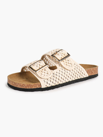 Cream Woven Double-Strap Slide Sandals with Cushioned Cork-Effect Sole