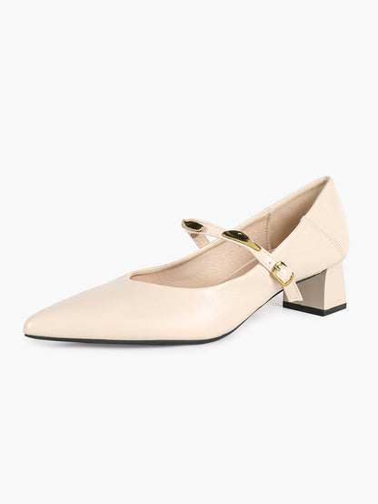 Cream Pointed-Toe Mary Jane Kitten Heels with Gold-Tone Metal Accents